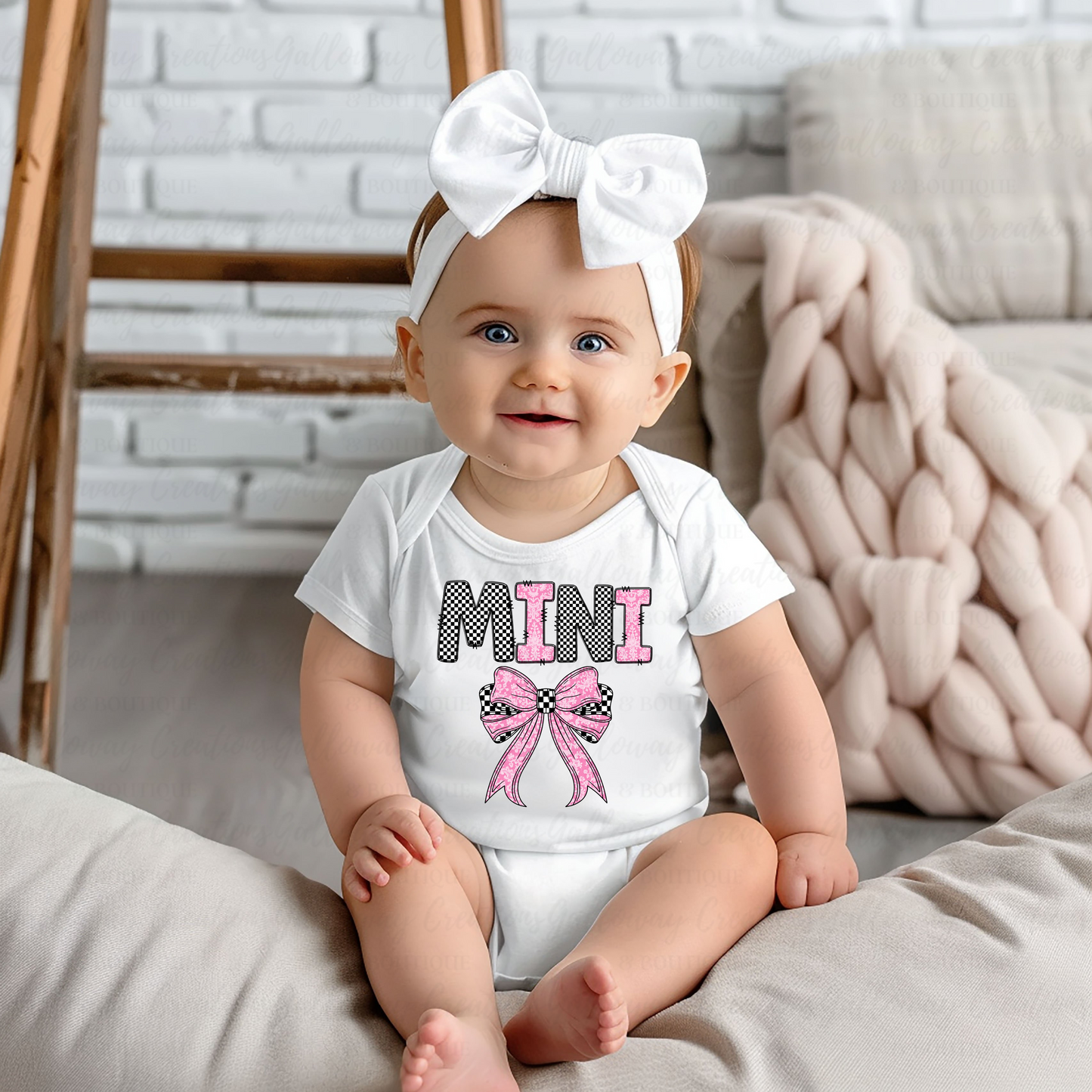 Pink and Checkered Bow Mini Baby Onesie