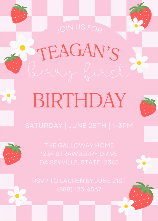 Berry First Birthday with Flowers Birthday Invitation